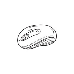 Realistic wireless computer mouse in black isolated on white background. Hand drawn vector sketch illustration in doodle vintage engraved outline, line art style. Desktop laptop equipment work.