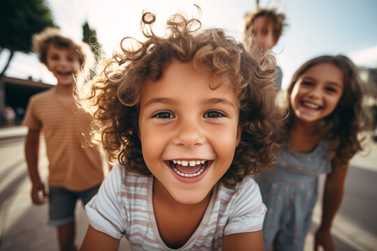 Happy smiling kids taking selfies portrait on sunny summer day