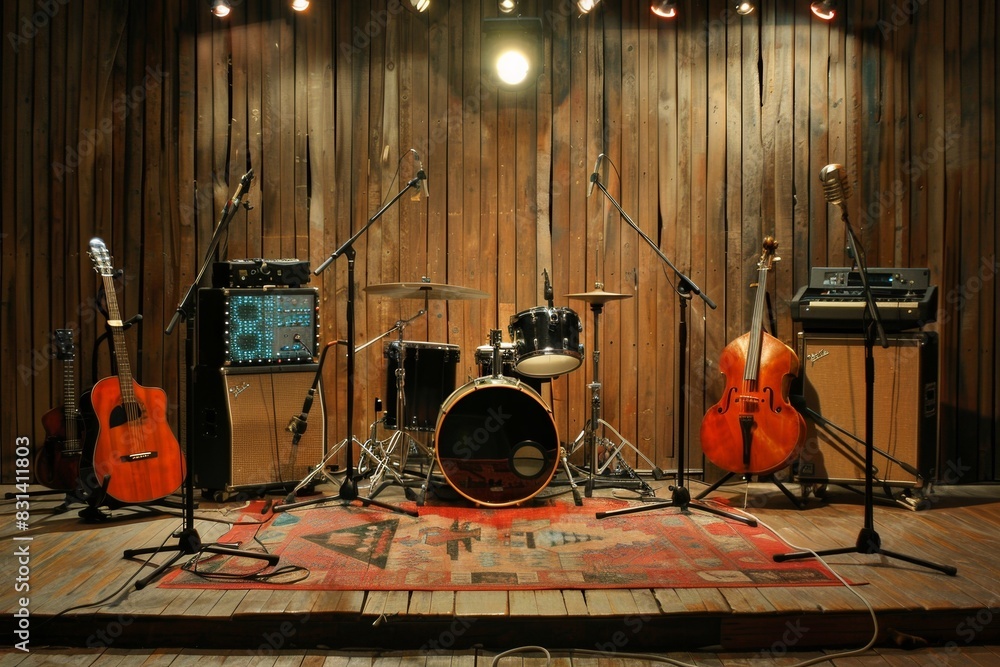 Poster a vibrant scene featuring a group of guitars and drums standing on a stage, ready to deliver an elec