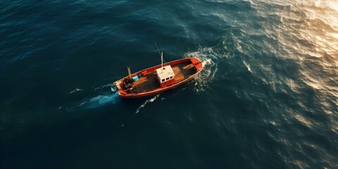 Valentine's Day Aerial View of a Fishing Boat in the Sun. Concept Valentine's Day, Aerial View, Fishing Boat, Sun, Love