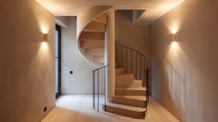Obraz premium Compact spiral staircase in a modern loft, combining wooden treads with a streamlined iron handrail.