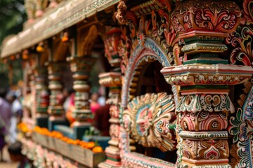 Fototapeta premium Intricately Carved Rath Yatra Chariot with Vibrant Colors and Devotees Pulling Ropes - Traditional Festival Scene for Cultural Celebration Posters