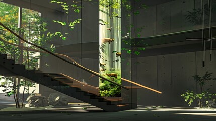A modern staircase with a central column that displays a holographic forest scene, complete with sounds and moving animals