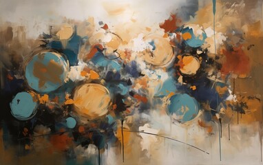 This is an abstract oil painting, a mural, modern artwork, painted spots, paint strokes, and golden elements. This painting contains orange, gold, blue, and large strokes. 