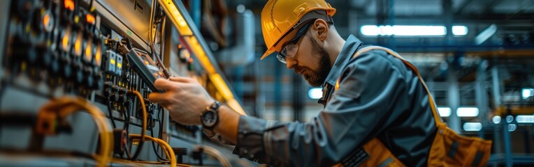 Electrician checks wire connections and continuity in an industrial electrical panel