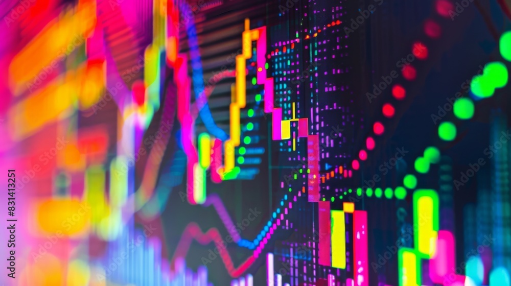 Poster close-up of a colorful line graph on a digital screen, depicting financial data trends and market an