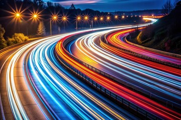 Stream of Lights on Urban Freeway at Night. Generative AI