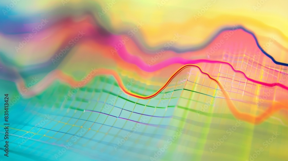 Poster close-up of a colorful line graph on a digital screen, depicting financial data trends and market an