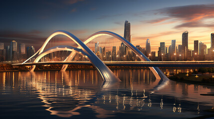 An artistic rendering of a futuristic city with a bridge crossing a river into the downtown area.