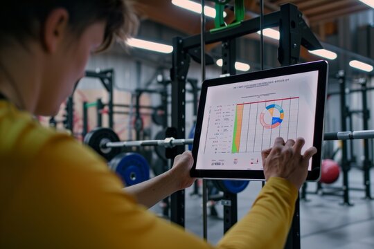 Olympic Weightlifting Coach Analyzing Athlete's Lift Technique with Detailed Diagrams and Charts for Performance Improvement