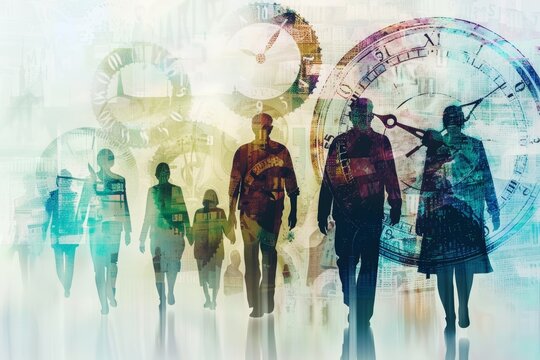Abstract Representation of Aging Population and Passage of Time with Human Figures and Clock Elements