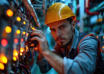 A man wearing a hard hat checks the continuity of electrical equipment