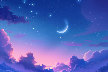 calming night sky filled with softly glowing stars and a crescent moon, with subtle gradients and flowing clouds.