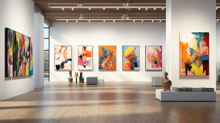 An art gallery with colorful abstract paintings on the walls and a sculpture in the foreground.