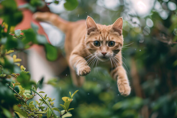 image of a cat leaping through the air, with exaggerated, joyful expressions and playful surroundings.