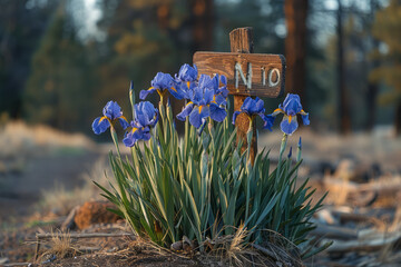 A sign with pastel irises replacing a no-fires symbol, emphasizing forest preservation,