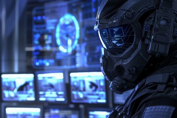 A close-up of a high-tech security vigilante with a helmet, focused on multiple sleek blue-lit surveillance screens in a control room.