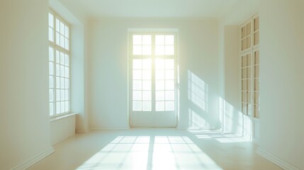 A large, empty room with a white door and windows. The room is very bright and open, with sunlight streaming in through the windows. The room is very clean and uncluttered, giving it a very spacious