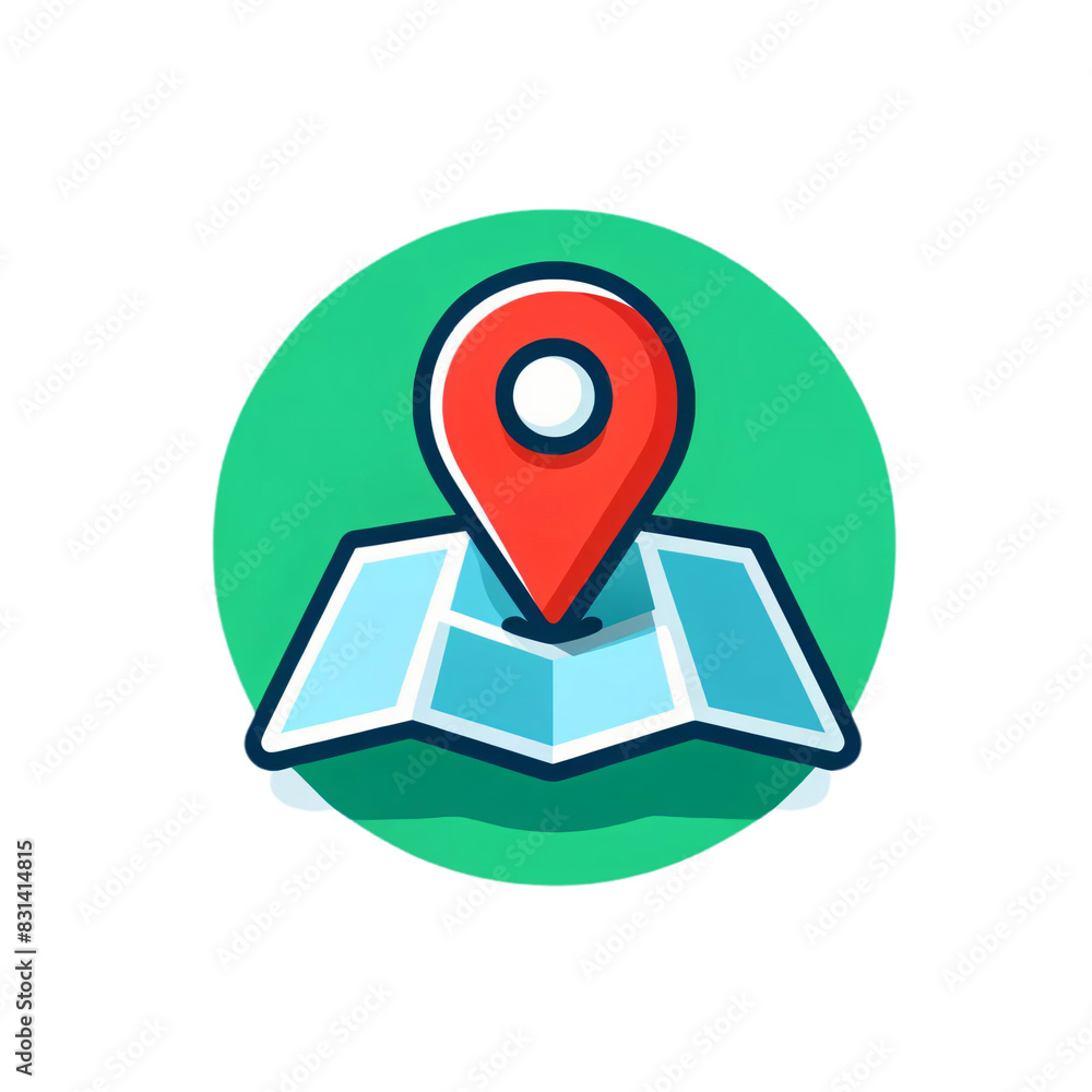 Poster a simple graphic design of a red map pin on an open blue map with a green circle background. the des