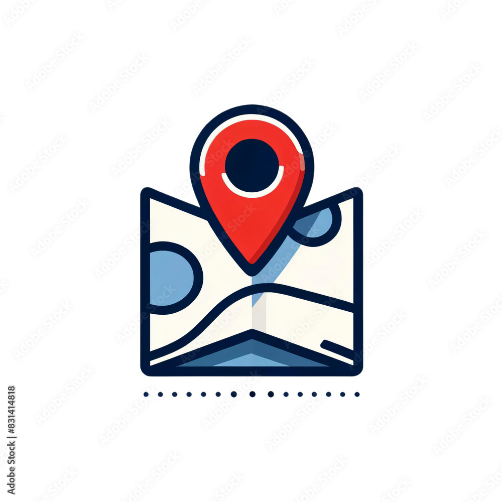 Poster a simple graphic design of a red map pin on top of a folded map with blue and white sections, on a t