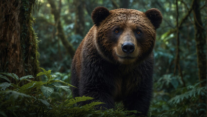Beautiful ecosystem green deep jungles rainforest, big brown bear, environment protection