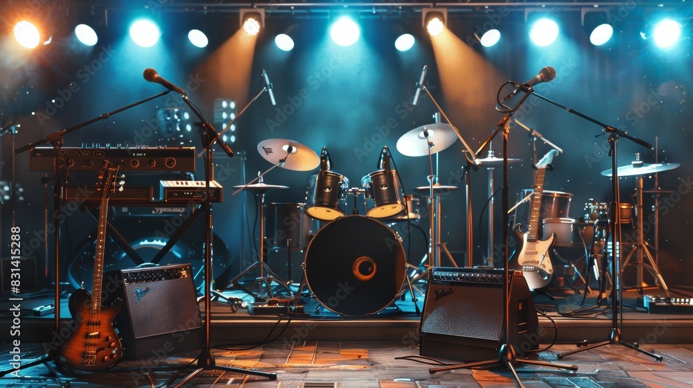Fototapete a group of diverse musical instruments peacefully resting on a stage, ready for the next mesmerizing