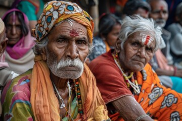Fototapeta premium Elderly Couple in Traditional Attire Observing Rath Yatra Procession - Cultural Devotion and Serenity