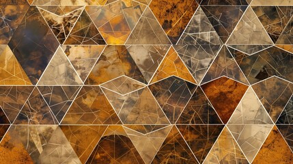 A geometric mosaic pattern with interlocking triangles and hexagons in earthy tones, creating a warm and inviting visual effect