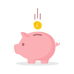Piggy bank with Pound currency coin vector illustration in pink color. Saving, investing and accumulation money. Pig in a flat style. Cute pig shaped money box with falling British gold coin.