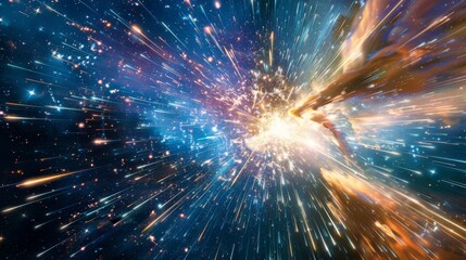 Naklejka premium Close-up of a shooting star bursting into fragments as it enters Earth's atmosphere, creating a dazzling display of light and color