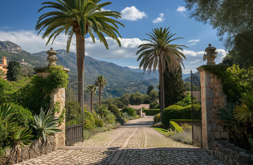 Fototapeta premium beautiful stone and palm tree entrance gate