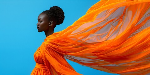 an orange dressed black woman in front of blue backdrop