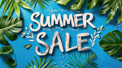 Summer Sale Promotion with Tropical Green Leaves on Blue Background.