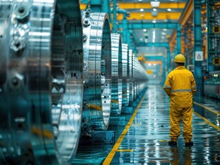 A man in a yellow coverall stands inside a factory