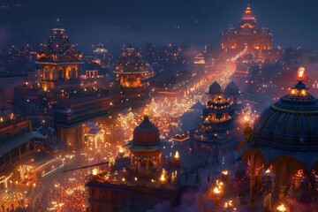 Nighttime Rath Yatra Celebration with Illuminated Chariots and Thousands of Devotees in a Festive Atmosphere