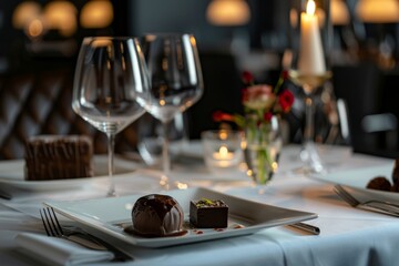 Obraz premium Elegant Chocolate Tasting Menu with Wine Pairings in Upscale Dining Setting