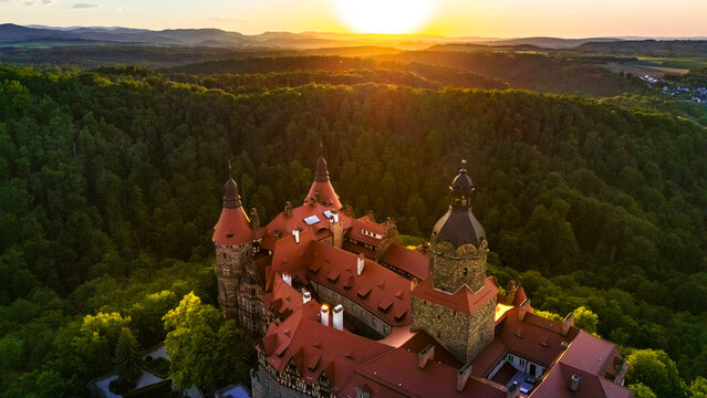 aerial view of księż castle in wałbrzych at sunset in spring in poland