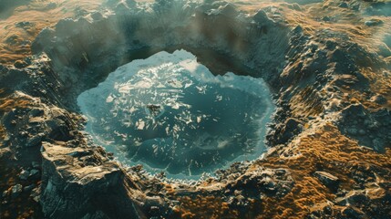Close-up of a volcanic crater lake shimmering in the sunlight, formed within the caldera of an ancient volcano, a serene oasis amidst rugged terrain