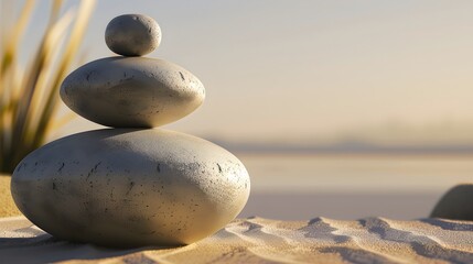 A serene image capturing the essence of Zen balance with three perfectly stacked stones on a sandy surface.