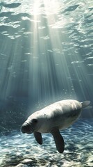 A serene underwater scene featuring a graceful manatee swimming peacefully. The sunlight filters through the water's surface