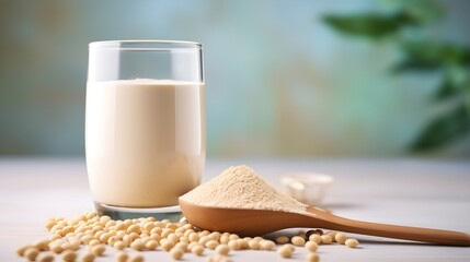 a glass of fresh soy milk alongside a wooden spoon filled with soy powder and scattered soybeans