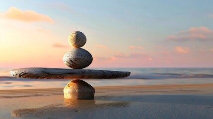 balanced stones on a beach at sunset. The smooth stones are meticulously stacked, creating a sense of harmony and balance