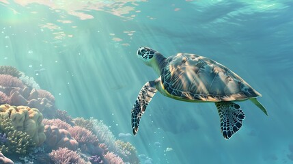 A serene image of a sea turtle gracefully swimming above a vibrant coral reef. Sunlight filters through the water, casting a beautiful glow on the turtle's shell and the colorful corals below.