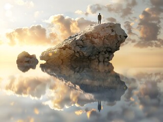 A solitary figure stands atop a rocky outcrop, surrounded by a vast, reflective water surface that mirrors the golden hues of the sunrise and the soft, scattered clouds