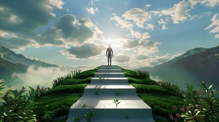 A breathtaking scene capturing a solitary figure standing at the top of a set of steps that lead upwards through lush green hills towards a radiant sky.