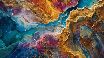 Naklejka premium Close-up of colorful mineral deposits and hot springs formed by volcanic activity, creating otherworldly landscapes of vibrant hues and steamy pools