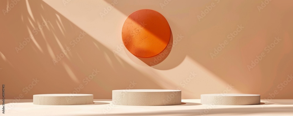 Poster minimalist background with three round podiums and an orange circle
