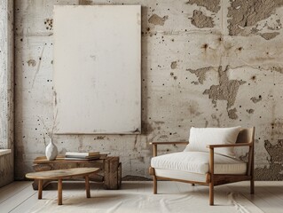 A white chair sits in front of a white wall with a white framed picture. The chair is placed in front of a wooden coffee table. The room has a minimalist and clean look, with a few books on the table