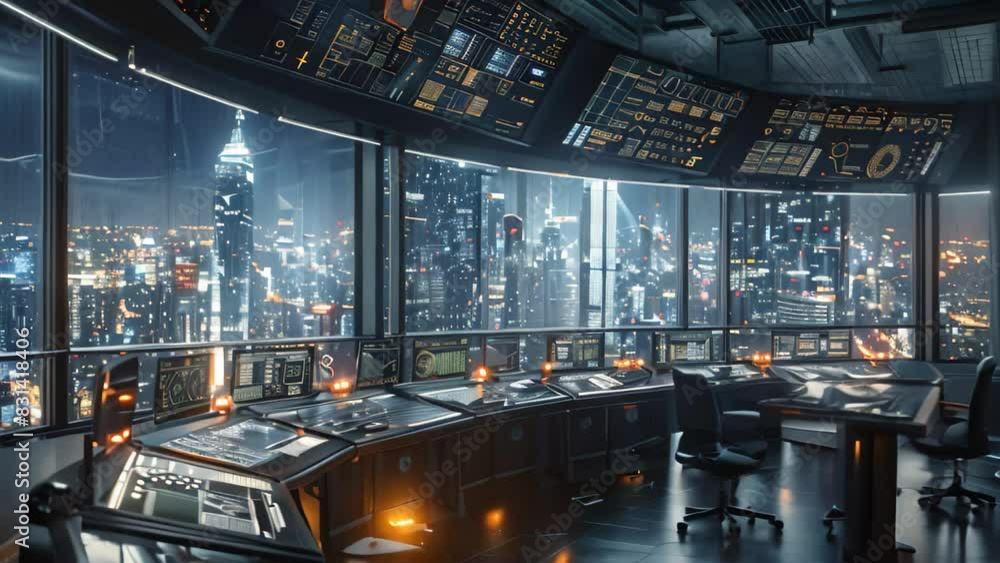 Poster high-tech command center filled with computer monitors, a high-tech command center overseeing the in