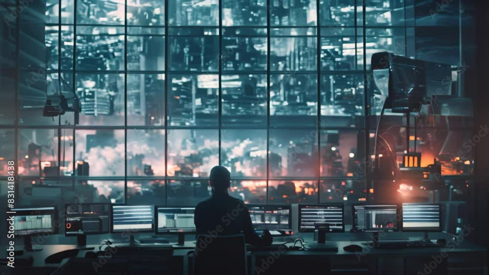 Poster a man sitting at a desk while working on multiple computer monitors, a high-tech command center over